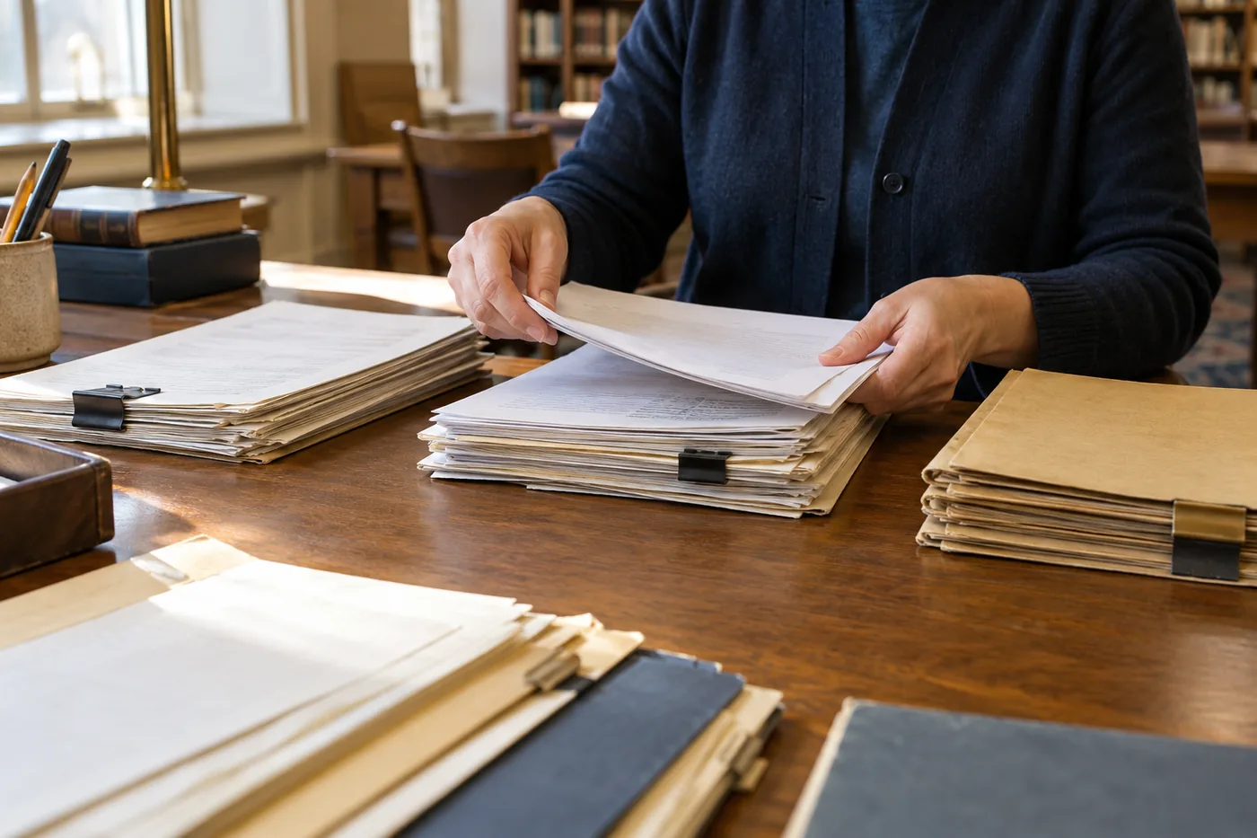 Hands sorting anonymous document packets in a quiet reading room
