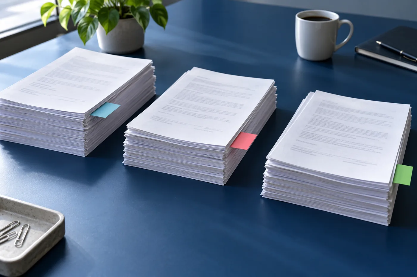 Three anonymous document stacks separated by colored tabs