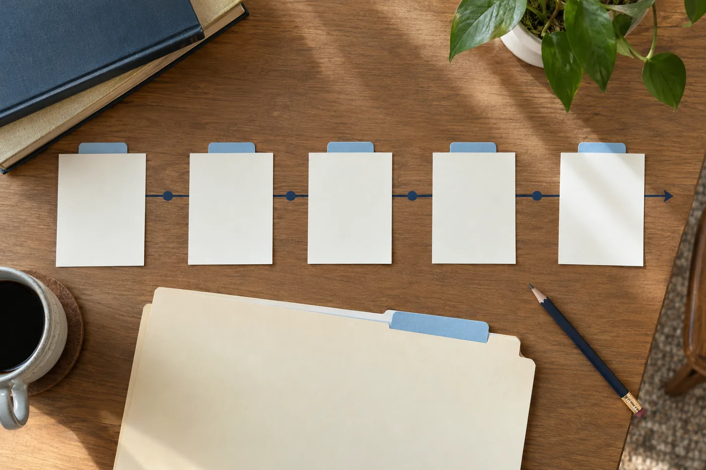 Anonymous docket timeline made from blank date cards on a library desk