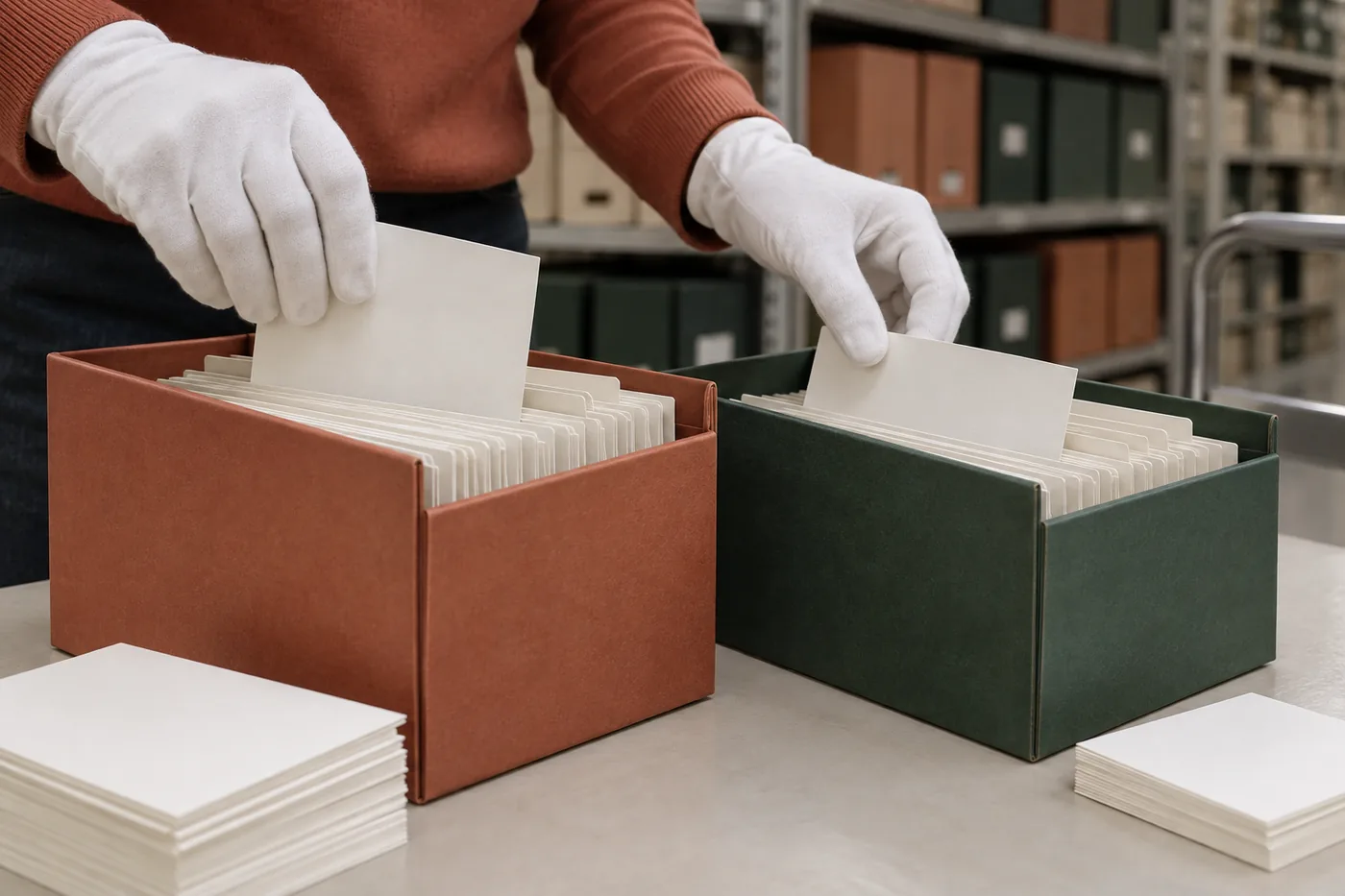 Blank index cards being separated into archive boxes