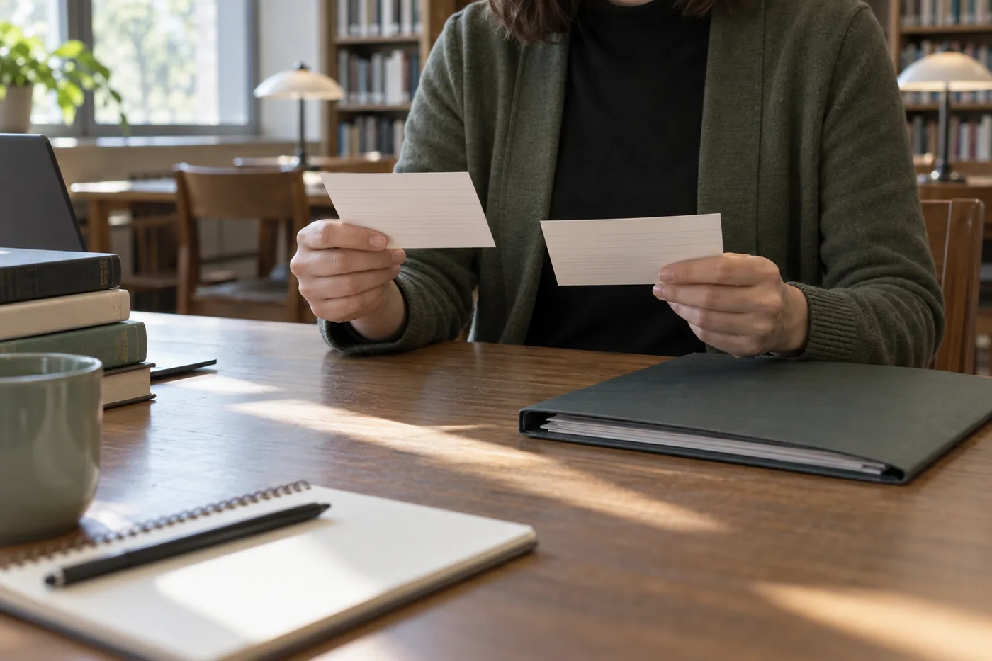 Researcher comparing anonymous index cards at a public library table
