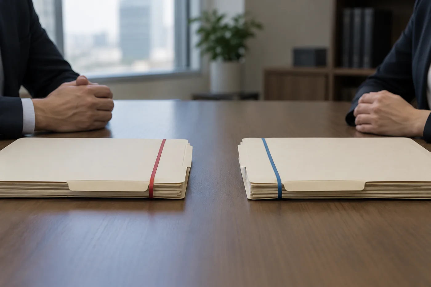 Two similar anonymous folders kept apart on a table