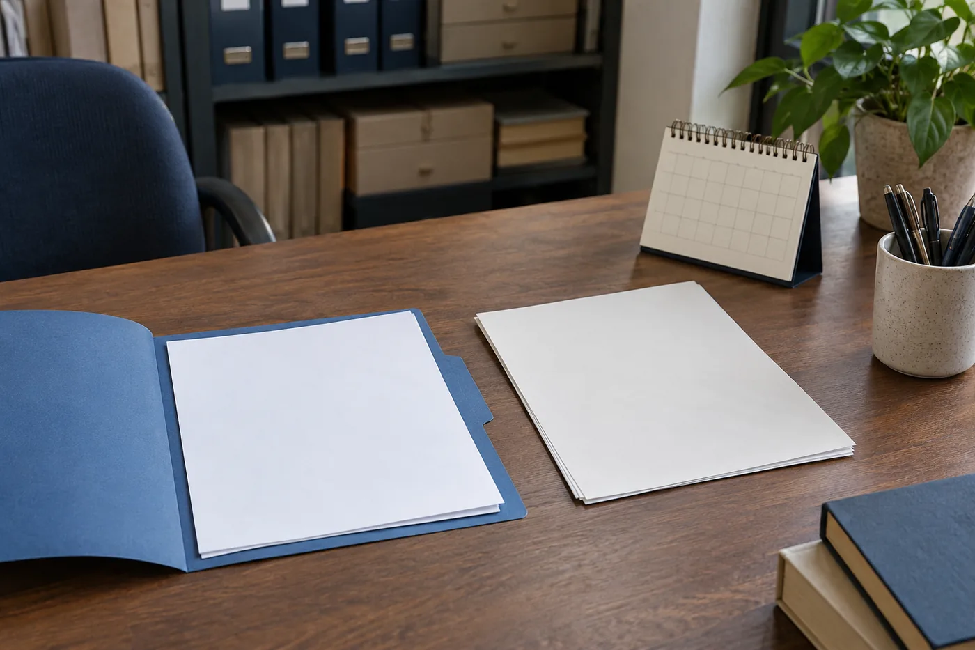 Two anonymous paper notices arranged beside an unmarked calendar