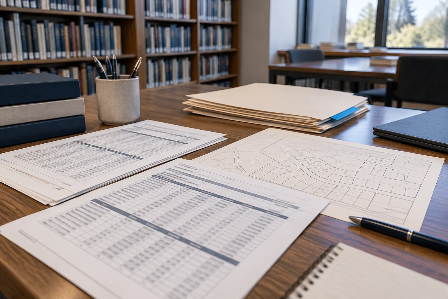 Anonymous parcel sketch and assessment papers on a library table