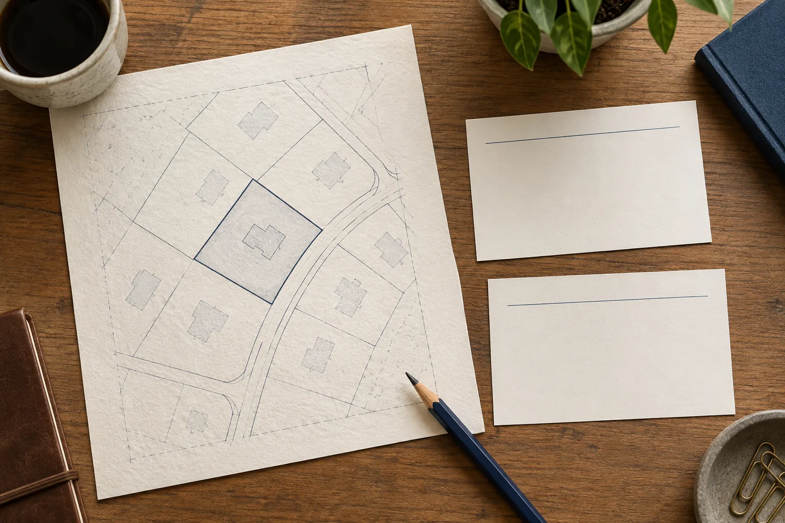 Blank tax-year cards beside an anonymous parcel sketch