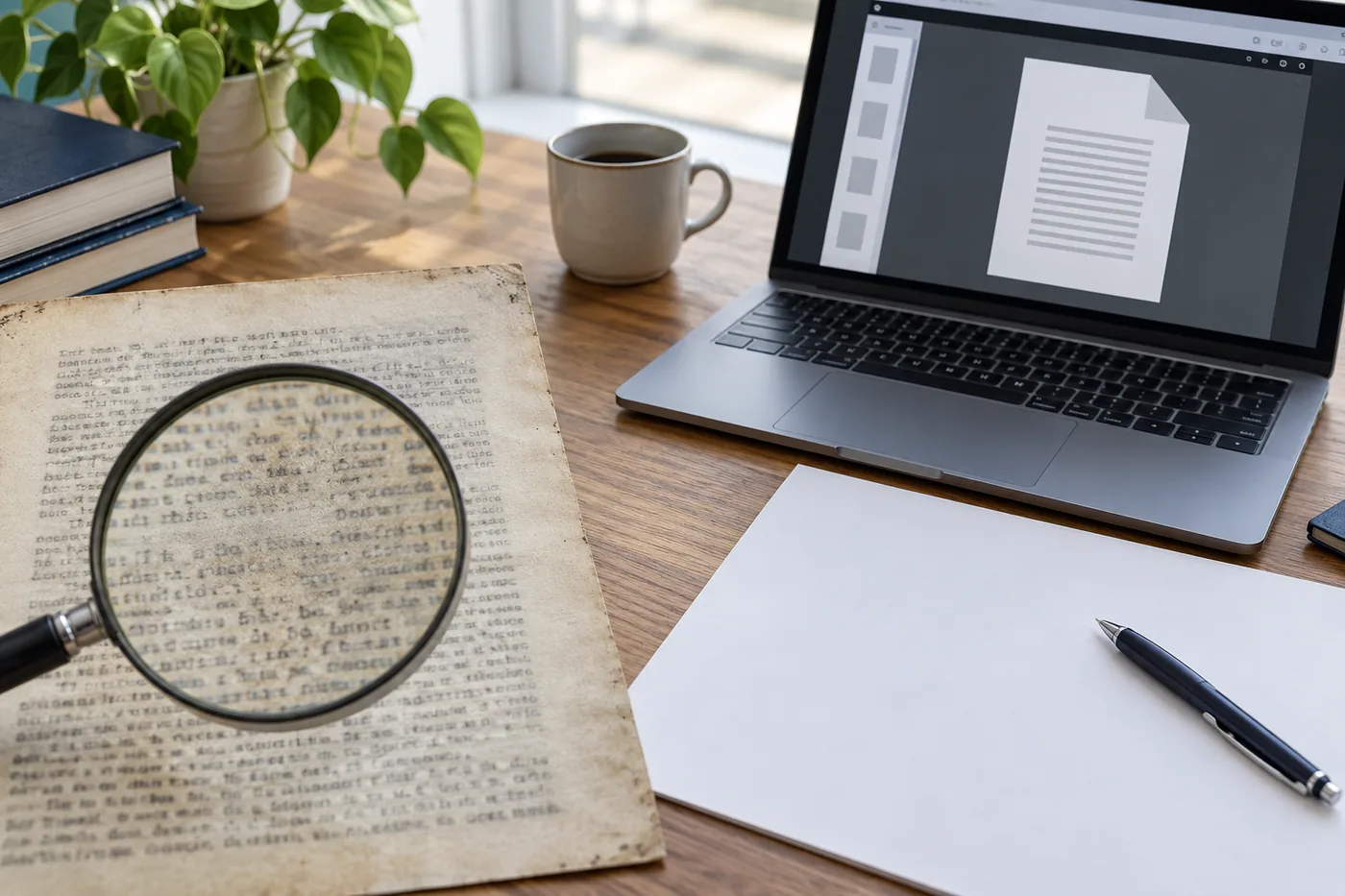 Anonymous scanned page and clearer PDF reading copy on a desk