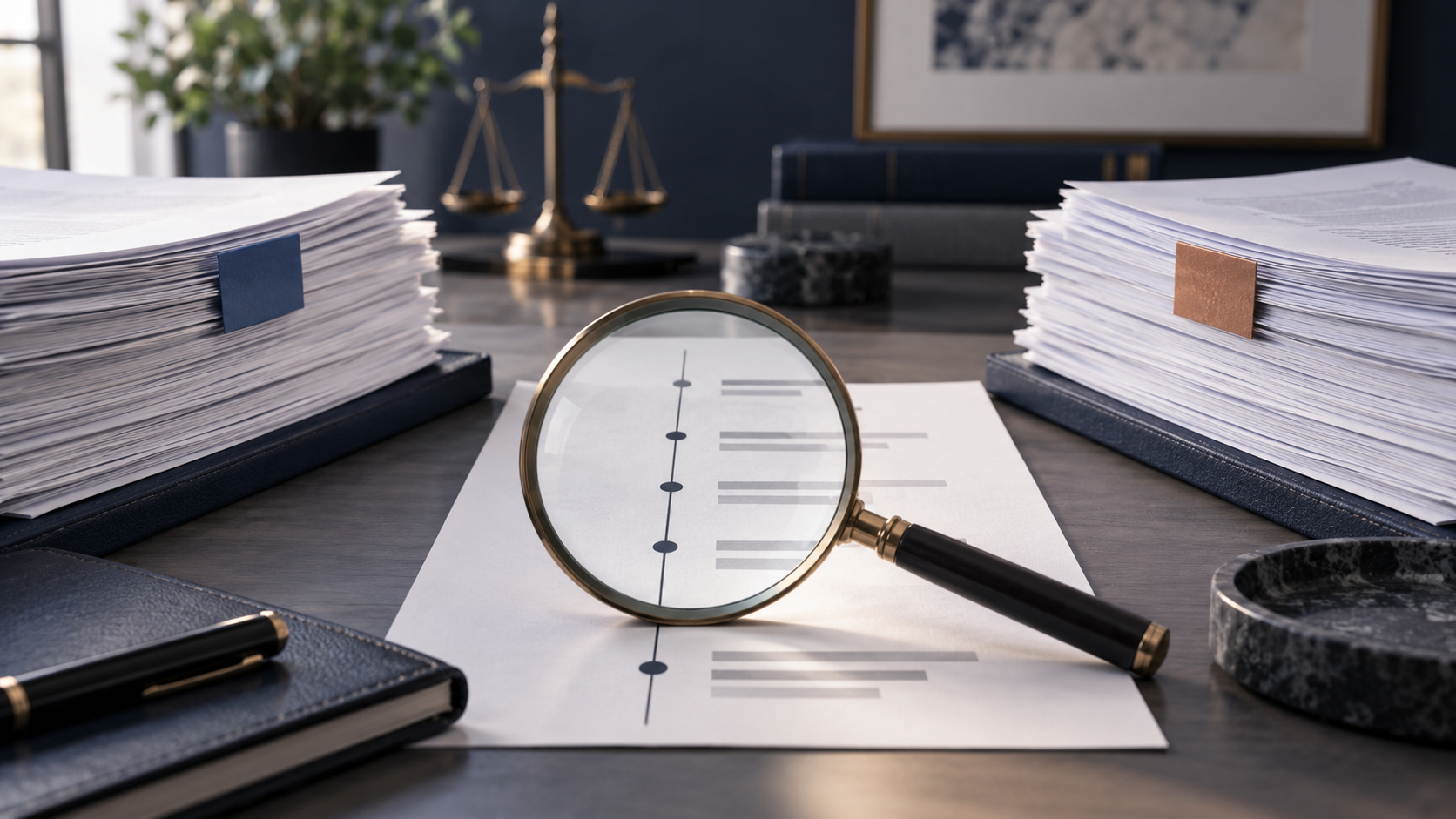 Two anonymous document stacks being compared on a pale desk