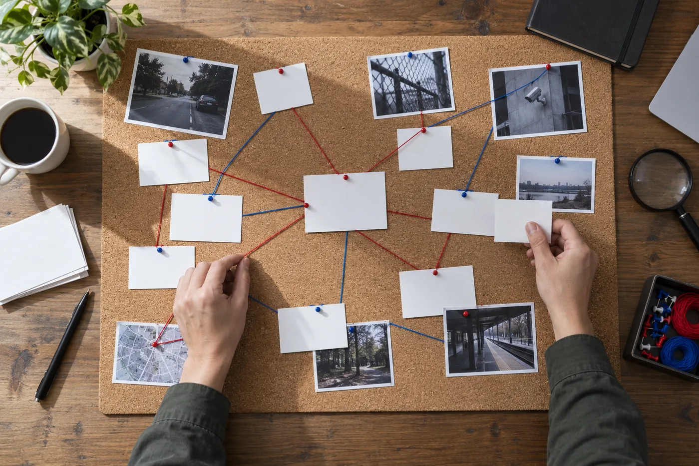 Blank note cards arranged as an evidence trail on a desk mat