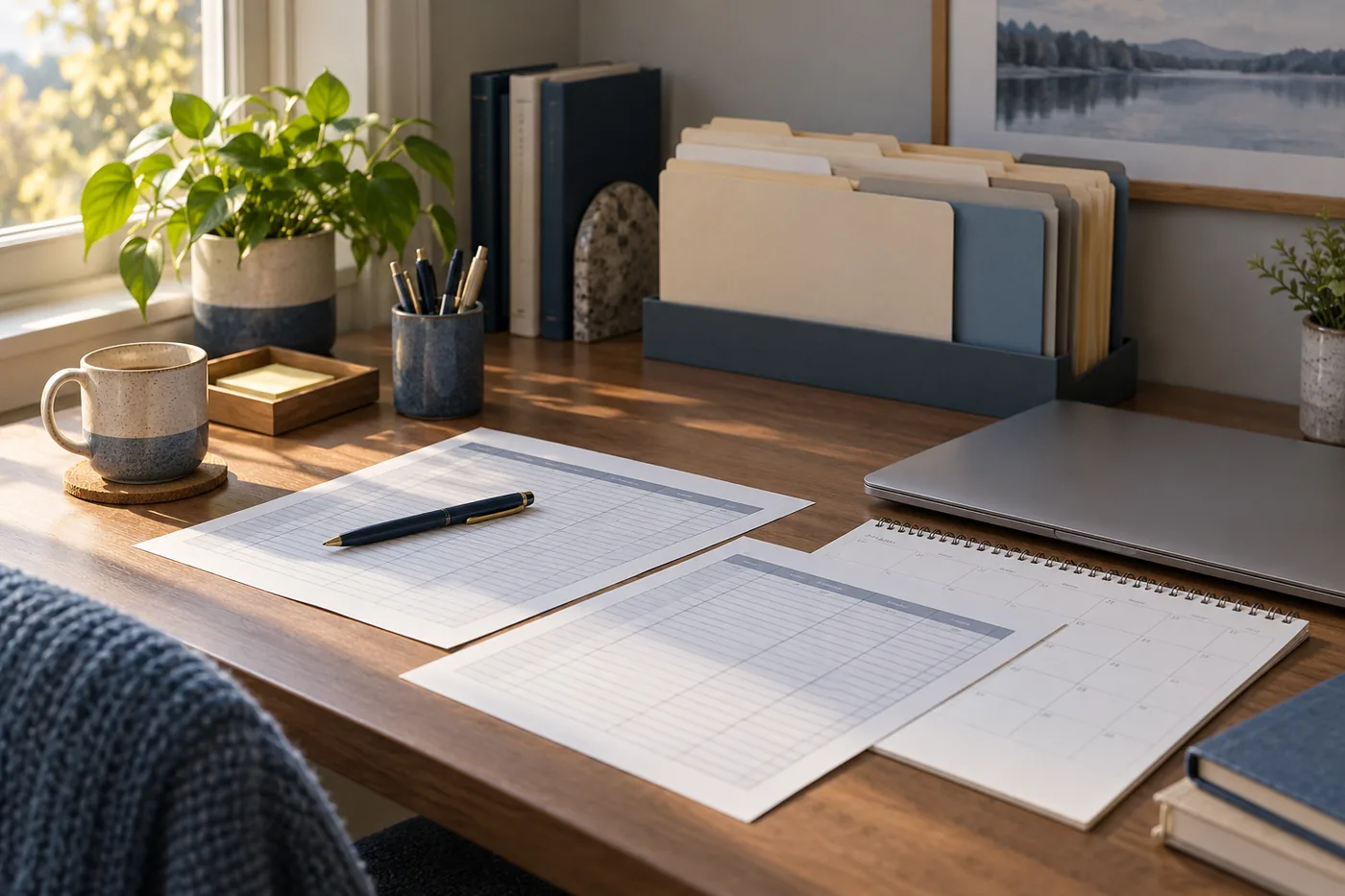 Blank source log sheets and folders arranged on a home research desk