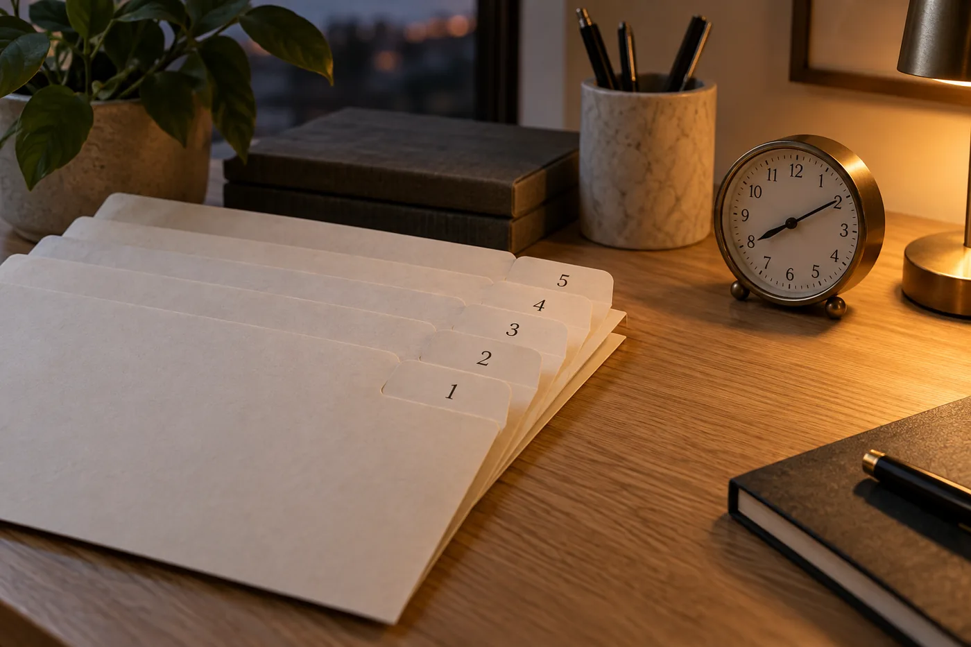 Neatly arranged blank paper sleeves beside a small clock