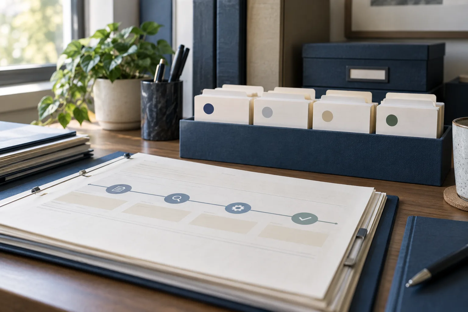 Anonymous case-status cards beside a paper docket timeline